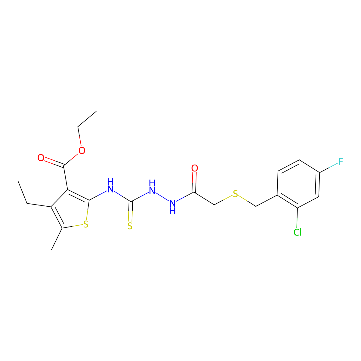 Ethyl 2-{[(2-{[(2-chloro-4-fluorobenzyl)sulfanyl]acetyl}hydrazinyl)carbonothioyl]amino}-4-ethyl-5-methylthiophene-3-carboxylate molecular structure, CAS 669710-77-4
