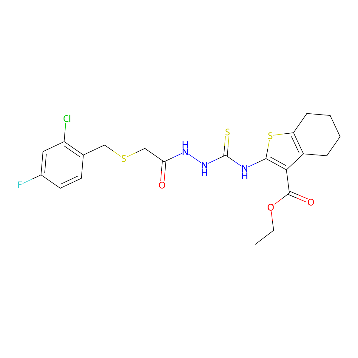 Ethyl 2-{[(2-{[(2-chloro-4-fluorobenzyl)sulfanyl]acetyl}hydrazinyl)carbonothioyl]amino}-4,5,6,7-tetrahydro-1-benzothiophene-3-carboxylate molecular structure, CAS 669710-80-9