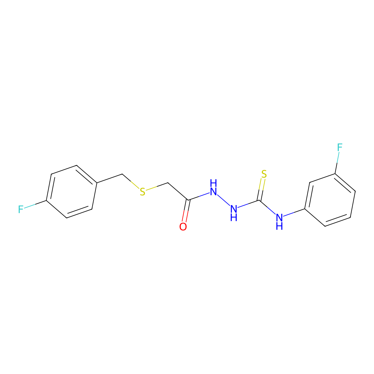 2-{[(4-fluorobenzyl)sulfanyl]acetyl}-N-(3-fluorophenyl)hydrazinecarbothioamide molecular structure, CAS 669711-64-2