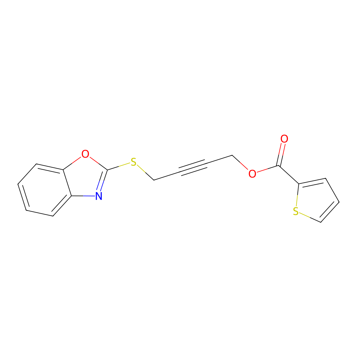 4-(Benzo[d]oxazol-2-ylthio)but-2-yn-1-yl thiophene-2-carboxylate molecular structure, CAS 669715-49-5