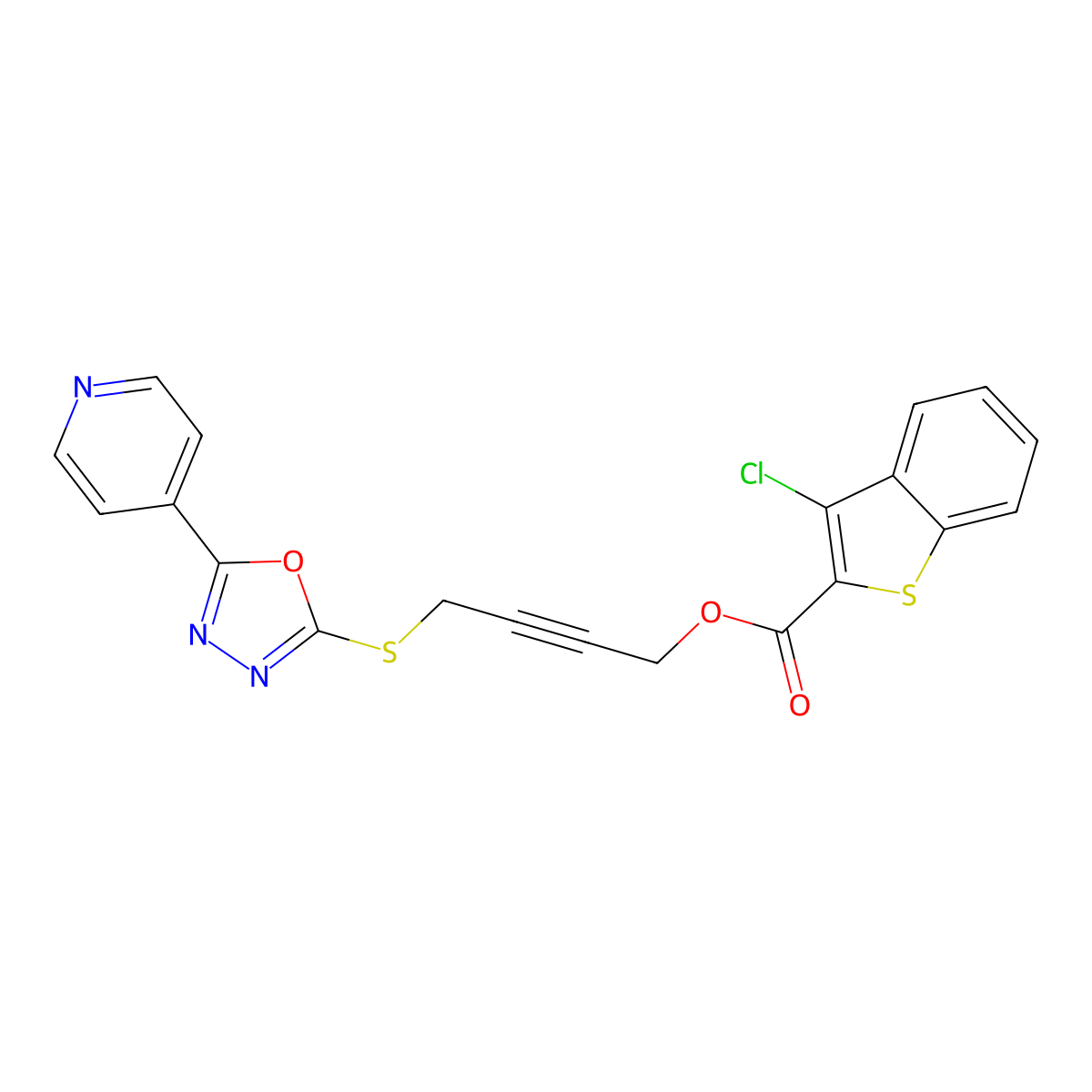 4-{[5-(4-Pyridinyl)-1,3,4-oxadiazol-2-yl]thio}-2-butyn-1-yl 3-chloro-1-benzothiophene-2-carboxylate molecular structure, CAS 669715-55-3