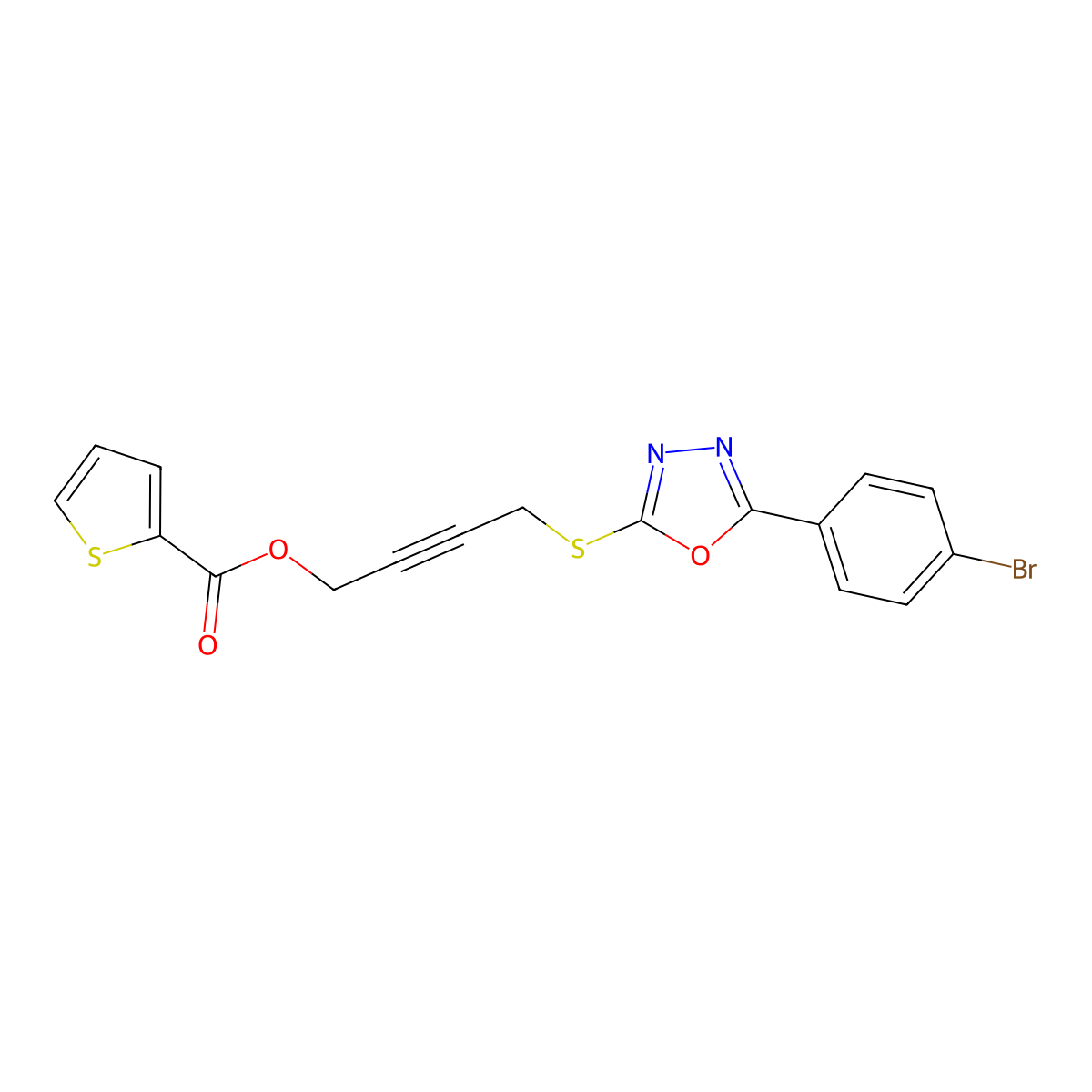 4-{[5-(4-Bromophenyl)-1,3,4-oxadiazol-2-yl]sulfanyl}-2-butynyl 2-thiophenecarboxylate molecular structure, CAS 669715-79-1