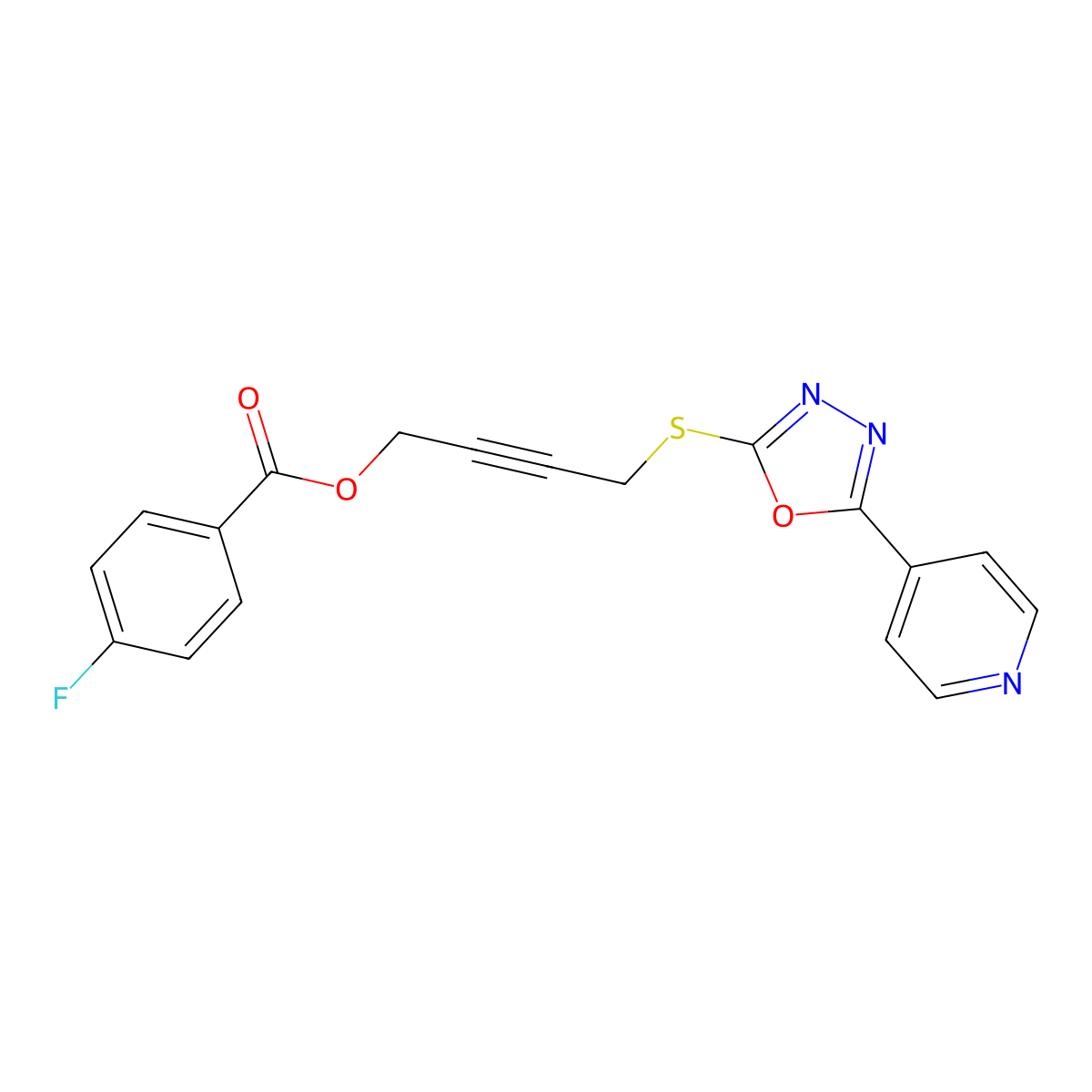 4-((5-(Pyridin-4-yl)-1,3,4-oxadiazol-2-yl)thio)but-2-yn-1-yl 4-fluorobenzoate molecular structure, CAS 669716-09-0