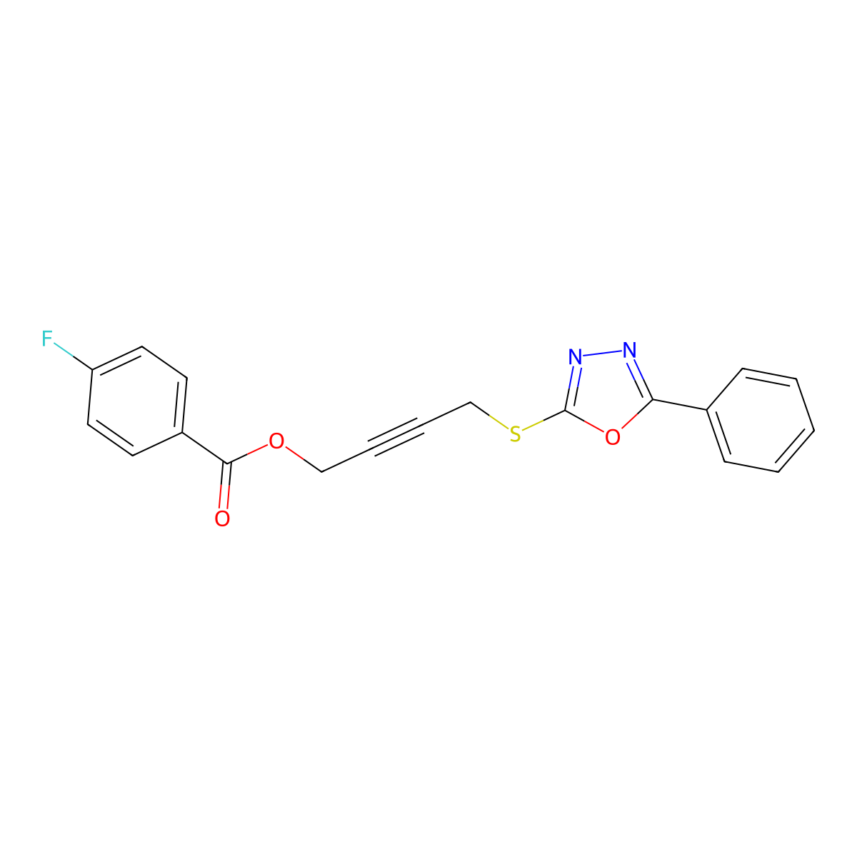 4-Fluorobenzoic acid 4-[(5-phenyl-1,3,4-oxadiazol-2-yl)thio]but-2-ynyl ester molecular structure, CAS 669716-10-3