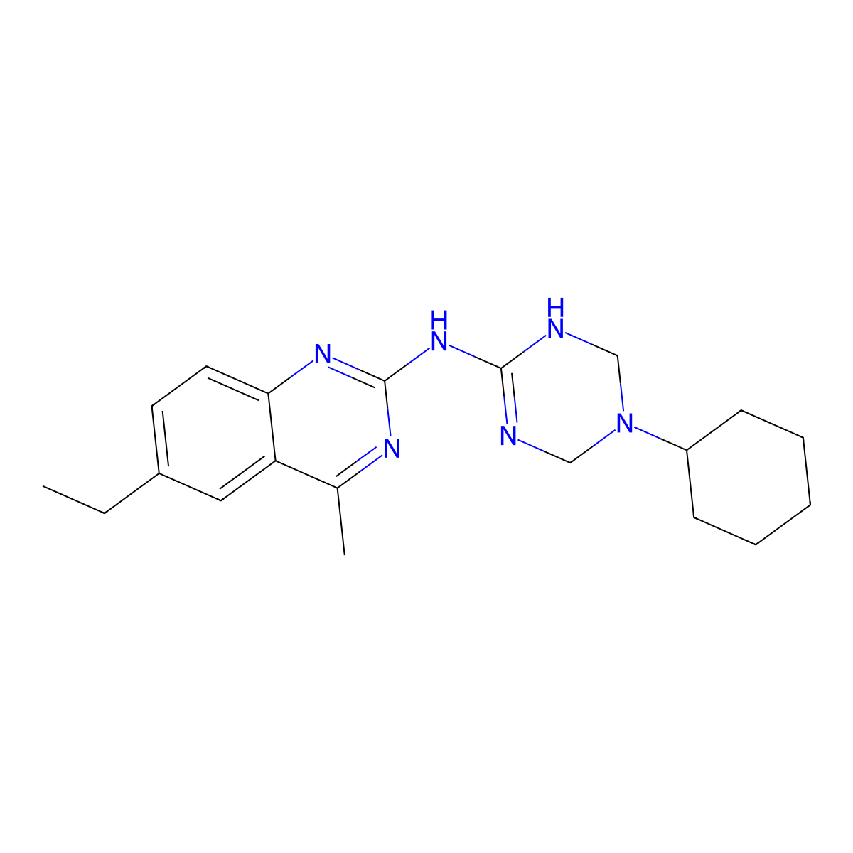 N-(5-cyclohexyl-1,4,5,6-tetrahydro-1,3,5-triazin-2-yl)-6-ethyl-4-methylquinazolin-2-amine molecular structure, CAS 669717-69-5