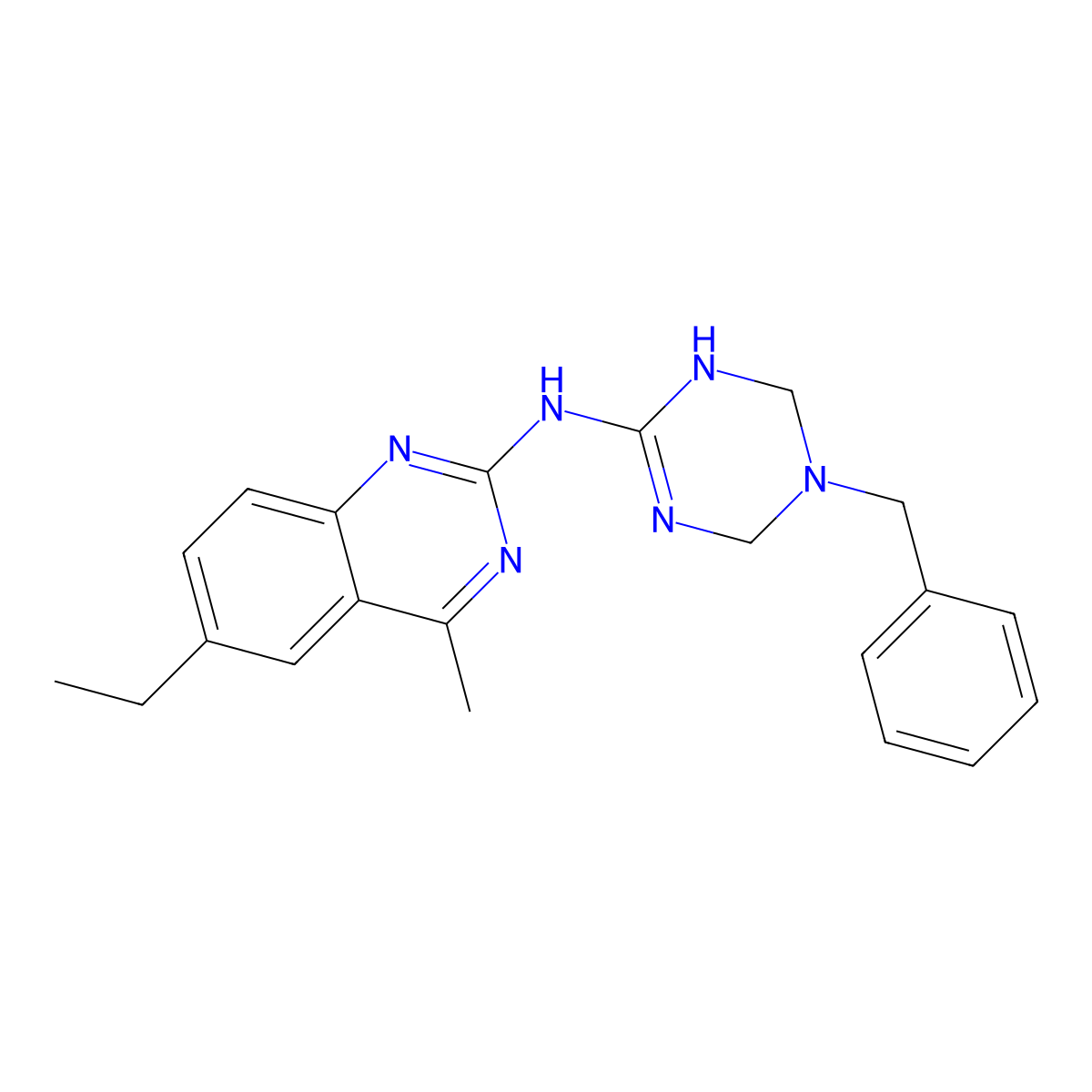 N-(5-benzyl-1,4,5,6-tetrahydro-1,3,5-triazin-2-yl)-6-ethyl-4-methylquinazolin-2-amine molecular structure, CAS 669717-71-9