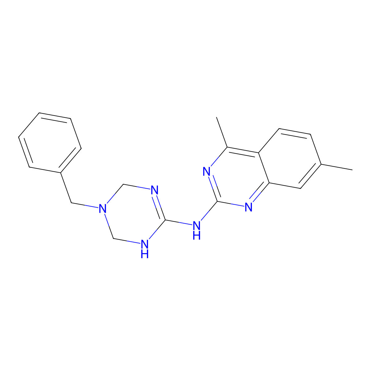 N-(3-benzyl-2,4-dihydro-1H-1,3,5-triazin-6-yl)-4,7-dimethylquinazolin-2-amine molecular structure, CAS 669717-73-1
