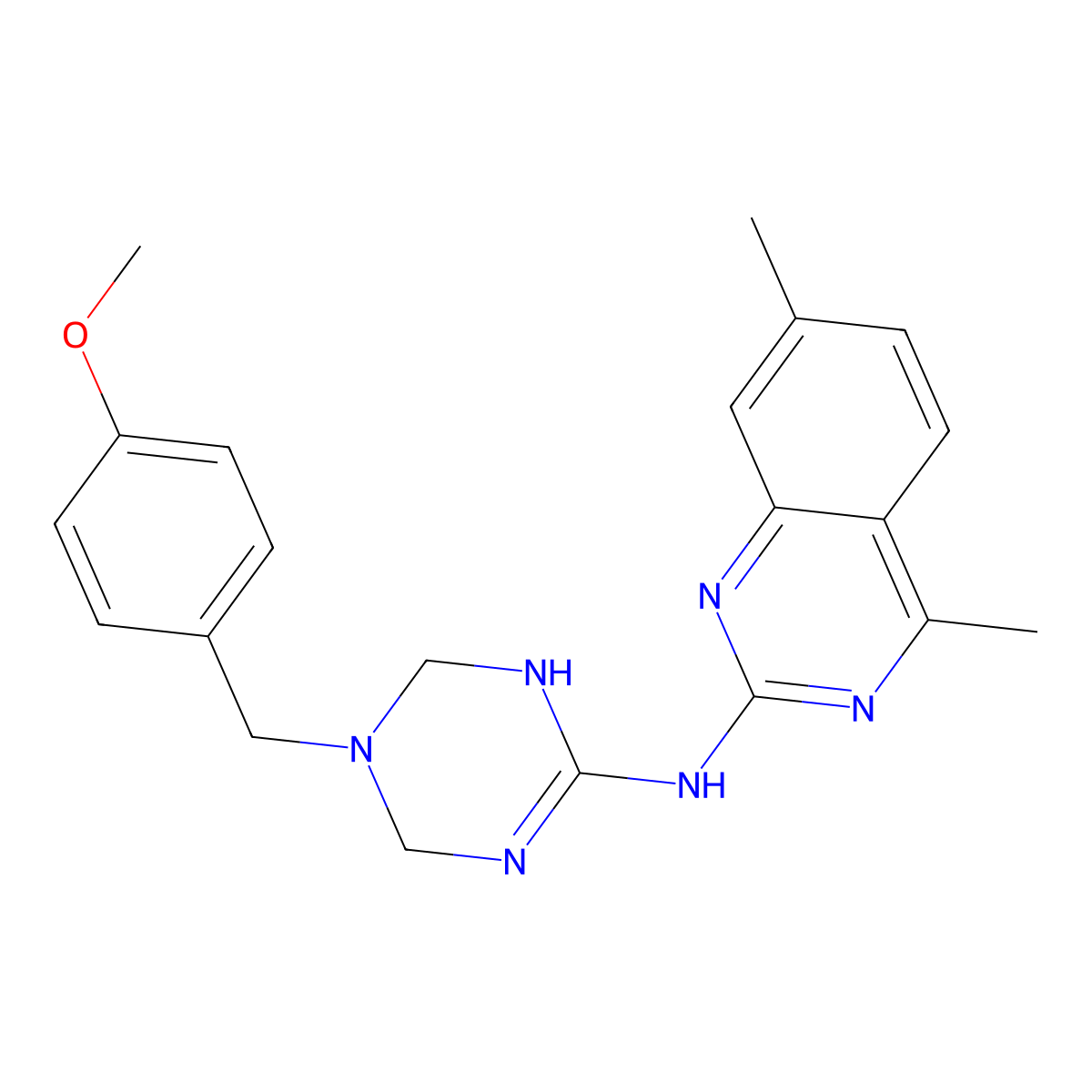 N-[5-(4-methoxybenzyl)-1,4,5,6-tetrahydro-1,3,5-triazin-2-yl]-4,7-dimethylquinazolin-2-amine molecular structure, CAS 669717-78-6