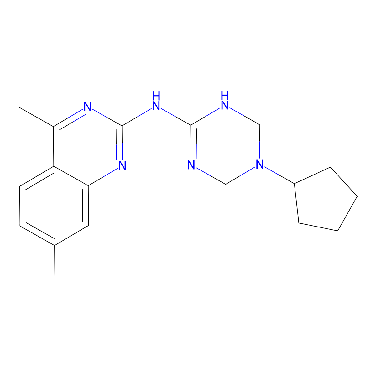 N-(5-cyclopentyl-1,4,5,6-tetrahydro-1,3,5-triazin-2-yl)-4,7-dimethyl-2-quinazolinamine molecular structure, CAS 669717-80-0