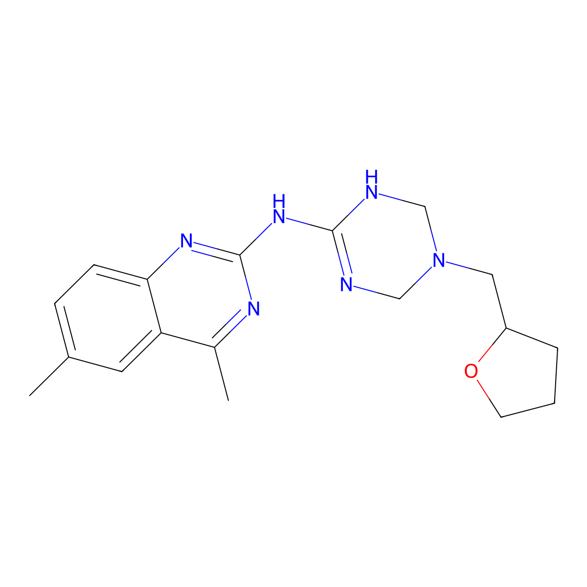 4,6-dimethyl-N-[5-(tetrahydrofuran-2-ylmethyl)-1,4,5,6-tetrahydro-1,3,5-triazin-2-yl]quinazolin-2-amine molecular structure, CAS 669717-85-5