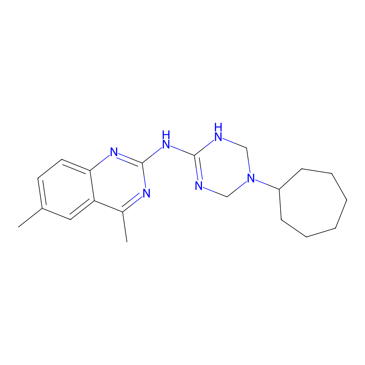 N-(5-cycloheptyl-1,4,5,6-tetrahydro-1,3,5-triazin-2-yl)-4,6-dimethylquinazolin-2-amine molecular structure, CAS 669717-87-7