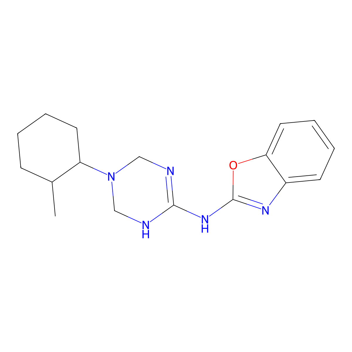 N-[5-(2-methylcyclohexyl)-1,4,5,6-tetrahydro-1,3,5-triazin-2-yl]-1,3-benzoxazol-2-amine molecular structure, CAS 669717-93-5