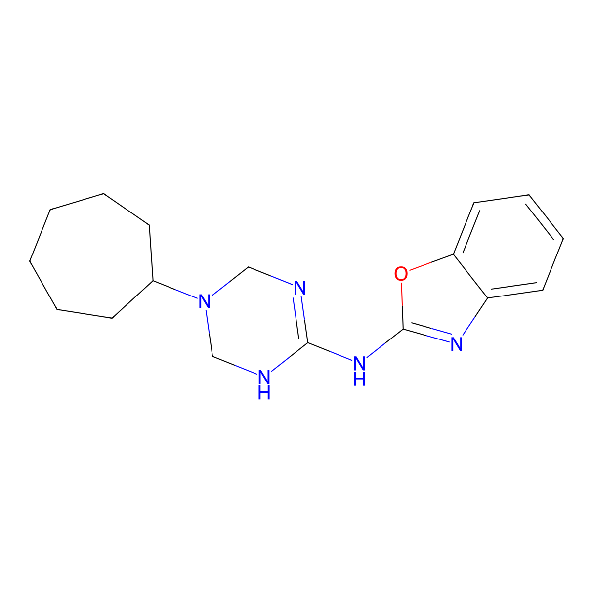 N-(5-cycloheptyl-1,4,5,6-tetrahydro-1,3,5-triazin-2-yl)-1,3-benzoxazol-2-amine molecular structure, CAS 669717-96-8