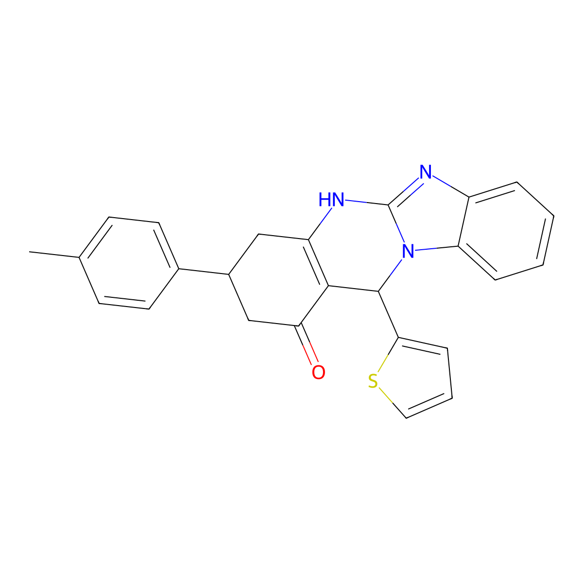 3-(4-methylphenyl)-12-(thiophen-2-yl)-3,4,5,12-tetrahydrobenzimidazo[2,1-b]quinazolin-1(2H)-one molecular structure, CAS 669718-37-0