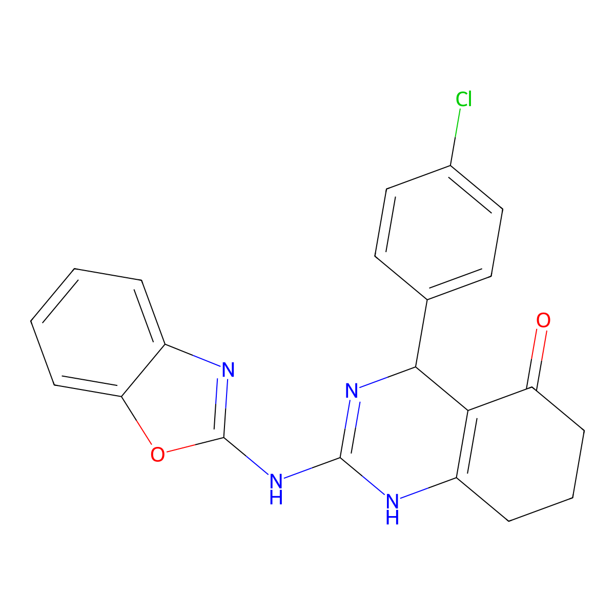 2-(1,3-benzoxazol-2-ylamino)-4-(4-chlorophenyl)-4,6,7,8-tetrahydro-5(1H)-quinazolinone molecular structure, CAS 669718-45-0