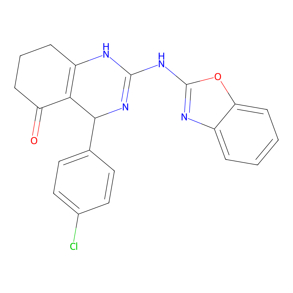 2-(1,3-benzoxazol-2-ylamino)-4-(4-chlorophenyl)-4,6,7,8-tetrahydro-5(1H)-quinazolinone molecular structure, CAS 669718-45-0