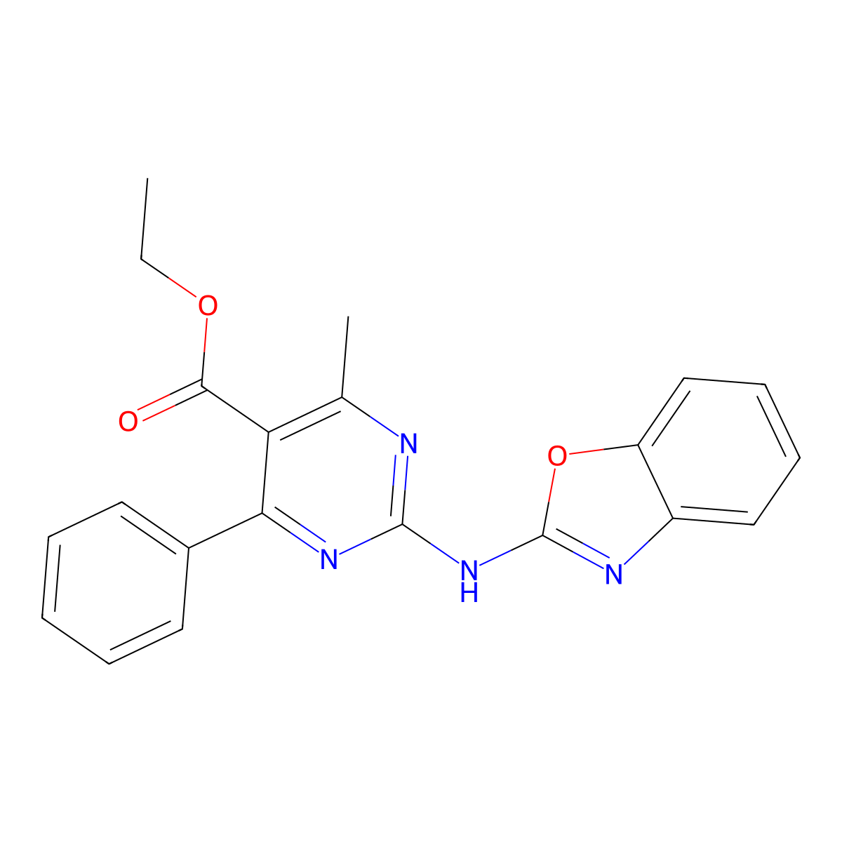 Ethyl 2-(1,3-benzoxazol-2-ylamino)-4-methyl-6-phenylpyrimidine-5-carboxylate molecular structure, CAS 669718-58-5