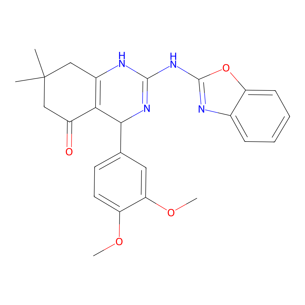 2-(1,3-benzoxazol-2-ylamino)-4-(3,4-dimethoxyphenyl)-7,7-dimethyl-4,6,7,8-tetrahydroquinazolin-5(1H)-one molecular structure, CAS 669718-72-3