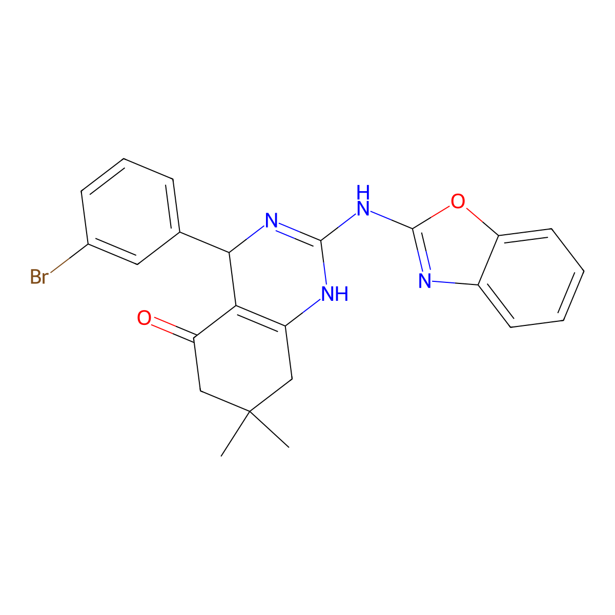 2-(1,3-benzoxazol-2-ylamino)-4-(3-bromophenyl)-7,7-dimethyl-4,6,7,8-tetrahydro-5(1H)-quinazolinone molecular structure, CAS 669718-73-4