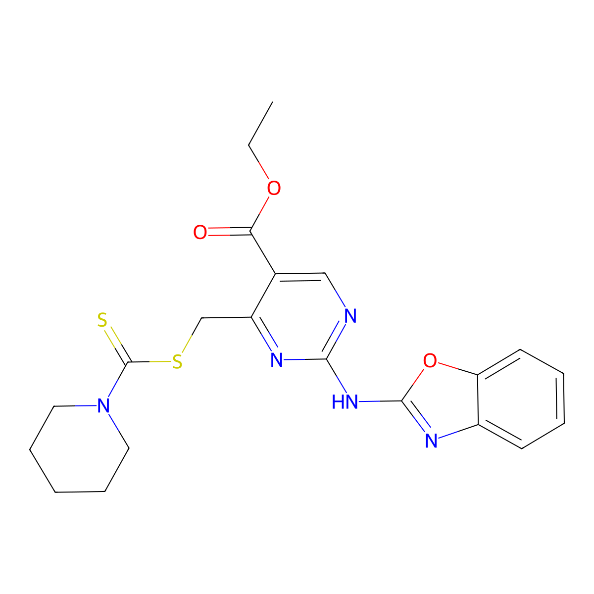 2-(Benzooxazol-2-ylamino)-4-(piperidine-1-carbothioylsulfanylmethyl)-pyrimidine-5-carboxylic acid ethyl ester molecular structure, CAS 669718-84-7