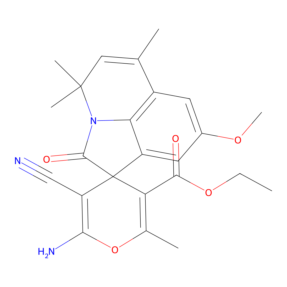 Ethyl 2-amino-3-cyano-8'-methoxy-4',4',6,6'-tetramethyl-2'-oxo-2',4'-dihydrospiro[pyran-4,1'-pyrrolo[3,2,1-ij]quinoline]-5-carboxylate molecular structure, CAS 669719-35-1