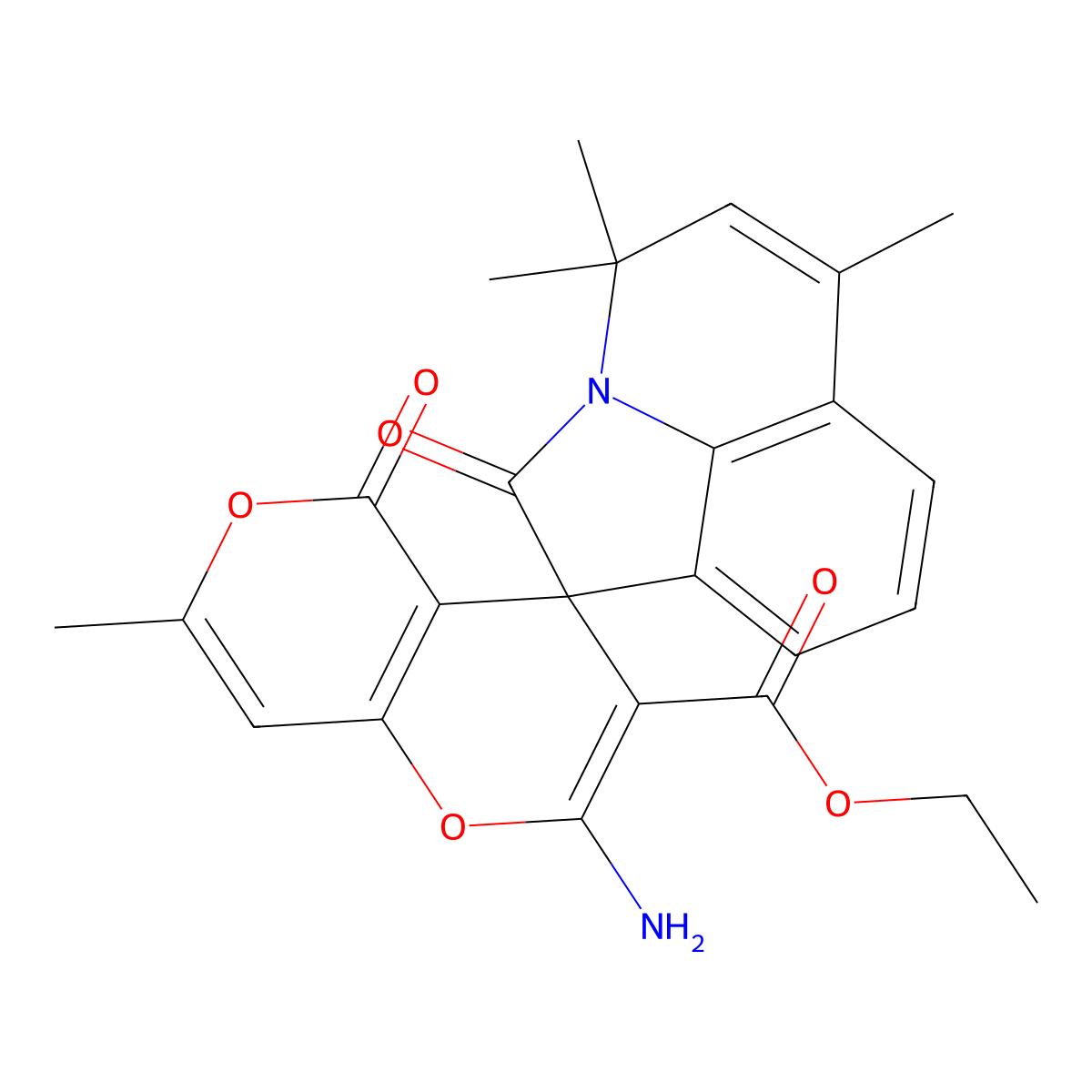 ethyl 2-amino-4',4',6',7-tetramethyl-2',5-dioxo-4'H,5H-spiro[pyrano[4,3-b]pyran-4,1'-pyrrolo[3,2,1-ij]quinoline]-3-carboxylate molecular structure, CAS 669719-41-9