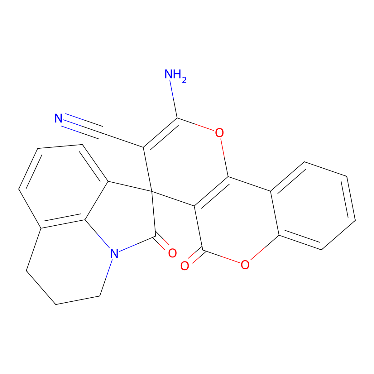2-amino-2',5-dioxo-5',6'-dihydro-4'H,5H-spiro[pyrano[3,2-c]chromene-4,1'-pyrrolo[3,2,1-ij]quinoline]-3-carbonitrile molecular structure, CAS 669719-44-2