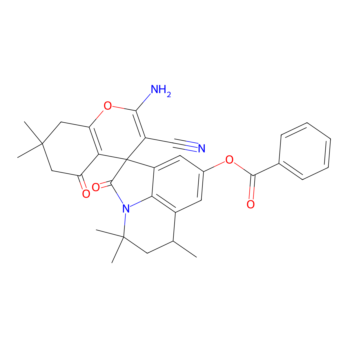 2-amino-3-cyano-4',4',6',7,7-pentamethyl-2',5-dioxo-5,5',6,6',7,8-hexahydro-4'H-spiro[chromene-4,1'-pyrrolo[3,2,1-ij]quinolin]-8'-yl benzoate molecular structure, CAS 669719-49-7