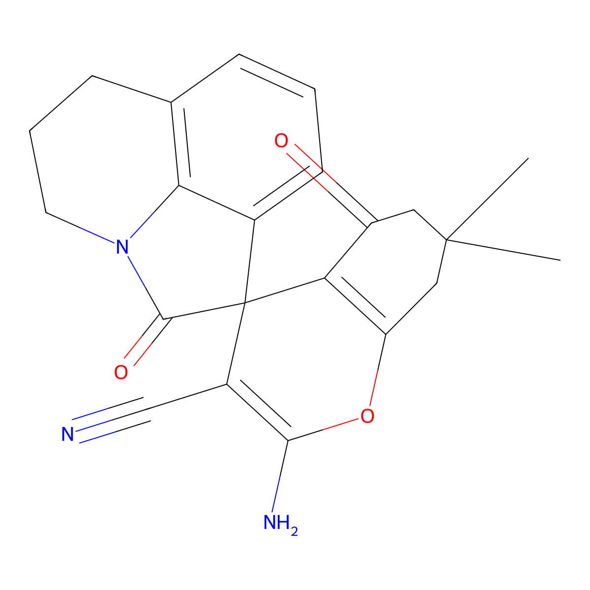 2-amino-7,7-dimethyl-2',5-dioxo-5,5',6,6',7,8-hexahydro-4'H-spiro[chromene-4,1'-pyrrolo[3,2,1-ij]quinoline]-3-carbonitrile molecular structure, CAS 669719-50-0