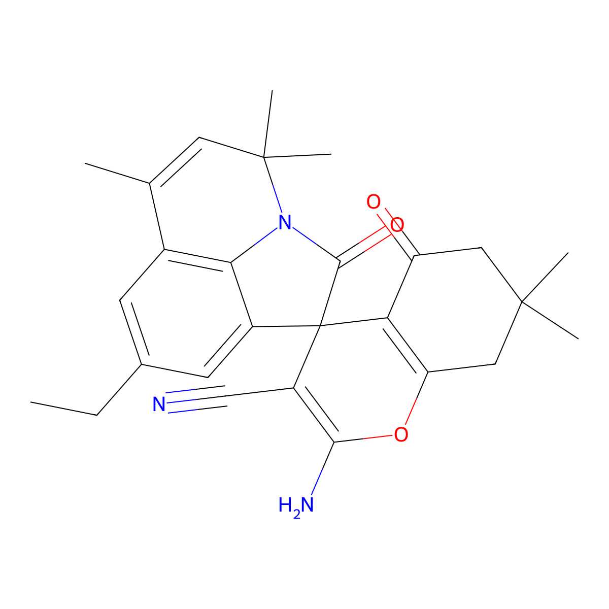 2-amino-8'-ethyl-4',4',6',7,7-pentamethyl-2',5-dioxo-5,6,7,8-tetrahydro-4'H-spiro[chromene-4,1'-pyrrolo[3,2,1-ij]quinoline]-3-carbonitrile molecular structure, CAS 669719-51-1