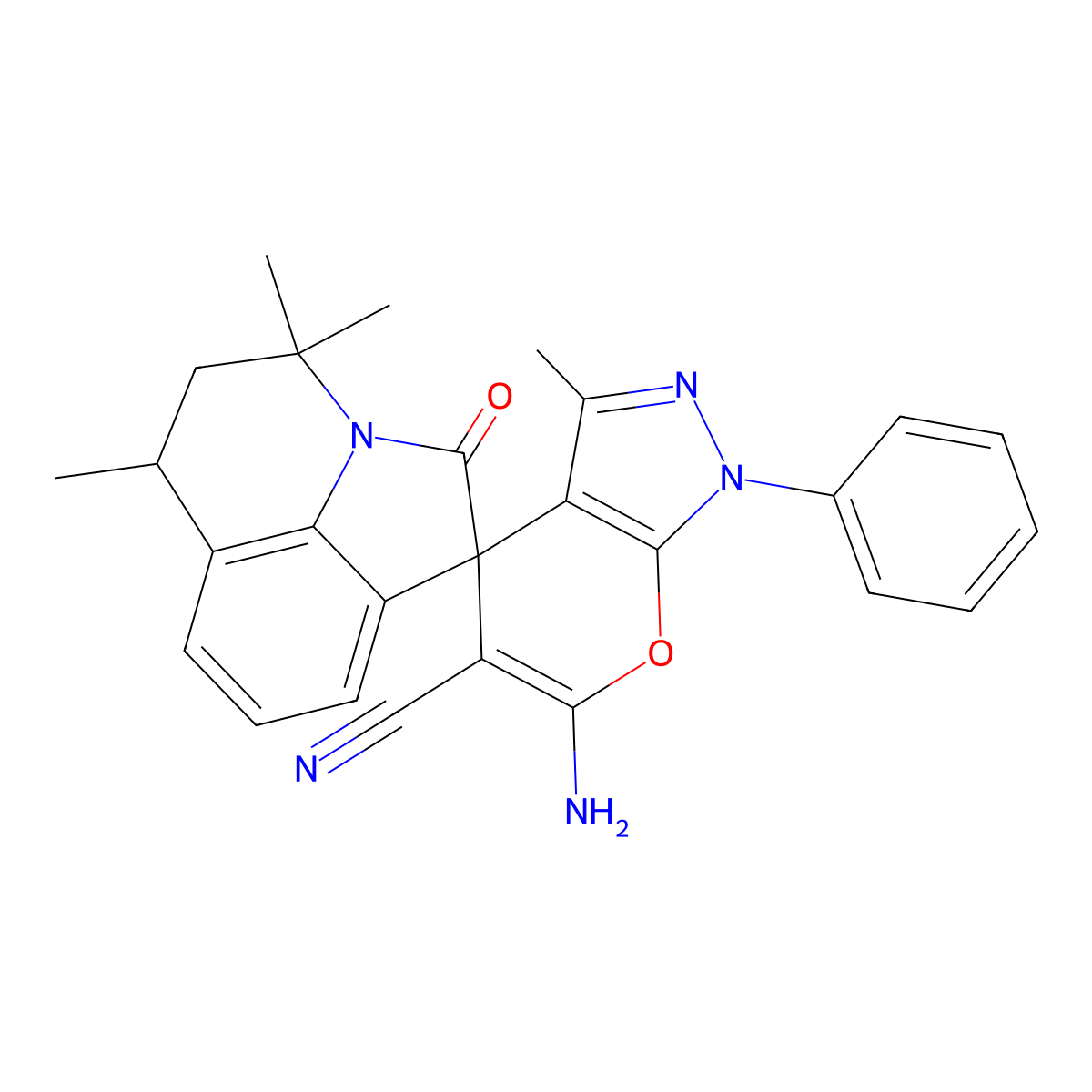 6-amino-3,4',4',6'-tetramethyl-2'-oxo-1-phenyl-2',4',5',6'-tetrahydro-1H-spiro[pyrano[2,3-c]pyrazole-4,1'-pyrrolo[3,2,1-ij]quinoline]-5-carbonitrile molecular structure, CAS 669719-62-4