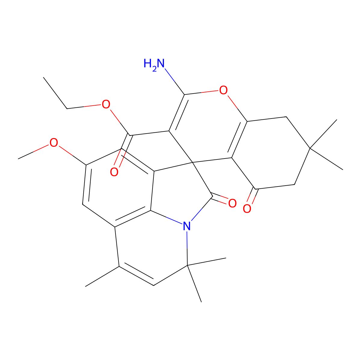 ethyl 2-amino-8'-methoxy-4',4',6',7,7-pentamethyl-2',5-dioxo-5,6,7,8-tetrahydro-4'H-spiro[chromene-4,1'-pyrrolo[3,2,1-ij]quinoline]-3-carboxylate molecular structure, CAS 669719-65-7
