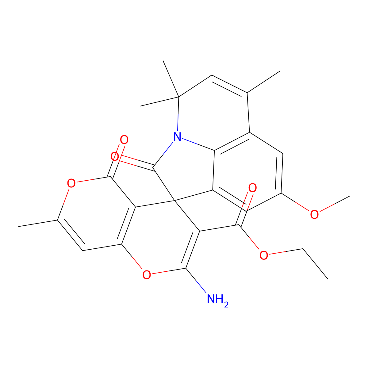 ethyl 2-amino-8'-methoxy-4',4',6',7-tetramethyl-2',5-dioxo-4'H,5H-spiro[pyrano[4,3-b]pyran-4,1'-pyrrolo[3,2,1-ij]quinoline]-3-carboxylate molecular structure, CAS 669719-66-8