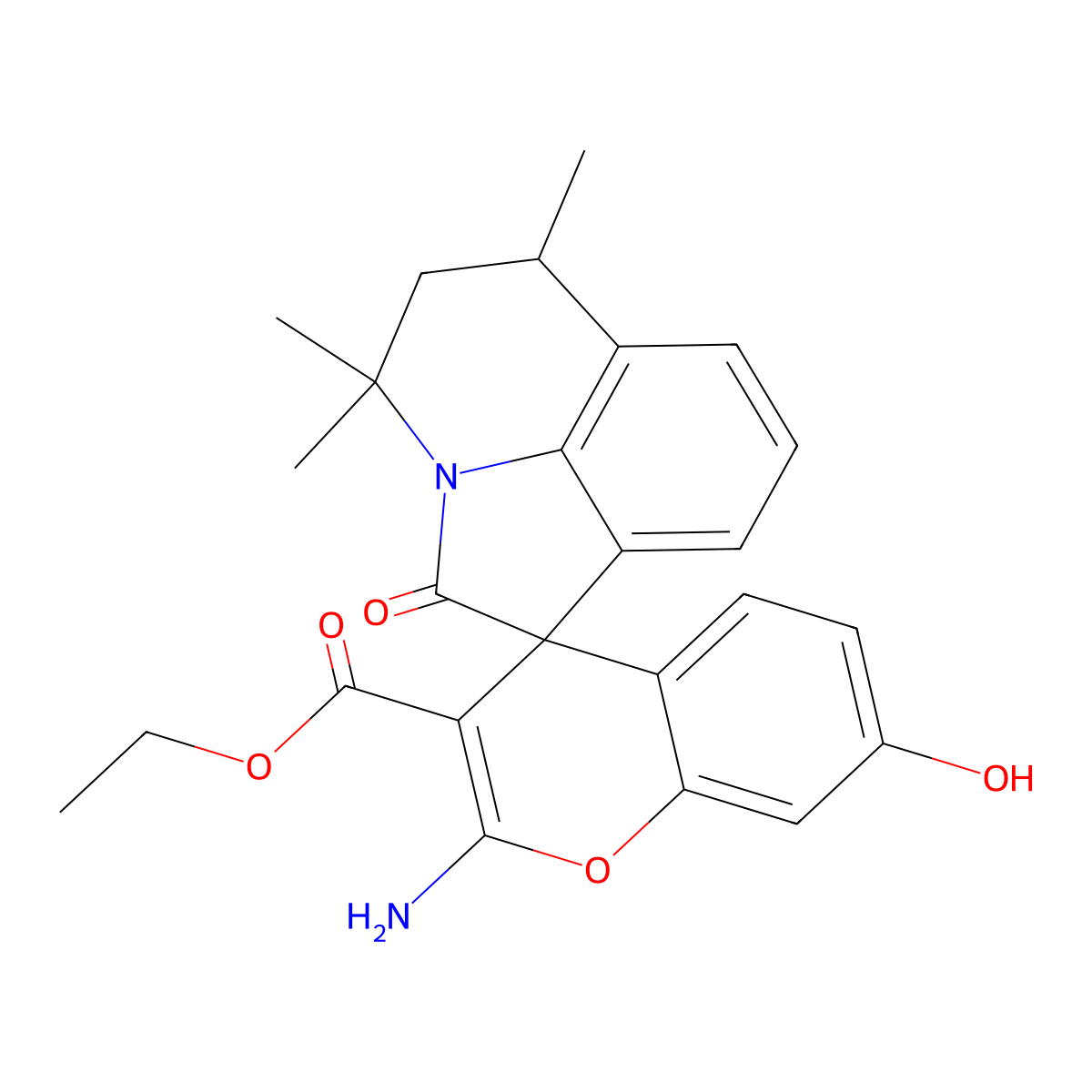 Ethyl 2-amino-7-hydroxy-4',4',6'-trimethyl-2'-oxo-2',4',5',6'-tetrahydrospiro[chromene-4,1'-pyrrolo[3,2,1-ij]quinoline]-3-carboxylate molecular structure, CAS 669719-69-1