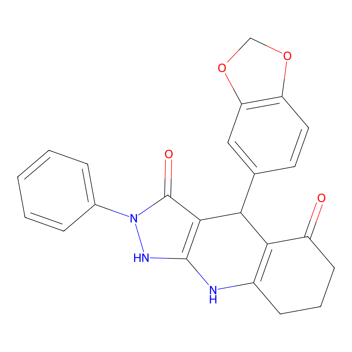 4-(1,3-benzodioxol-5-yl)-3-hydroxy-2-phenyl-2,4,6,7,8,9-hexahydro-5H-pyrazolo[3,4-b]quinolin-5-one molecular structure, CAS 669725-33-1