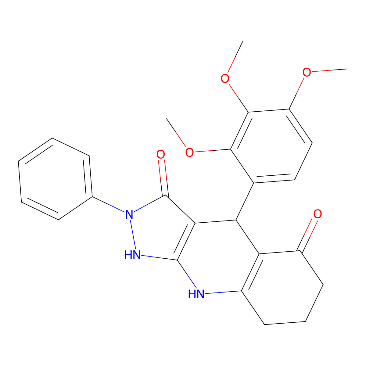 3-hydroxy-2-phenyl-4-(2,3,4-trimethoxyphenyl)-2,4,6,7,8,9-hexahydro-5H-pyrazolo[3,4-b]quinolin-5-one molecular structure, CAS 669725-45-5