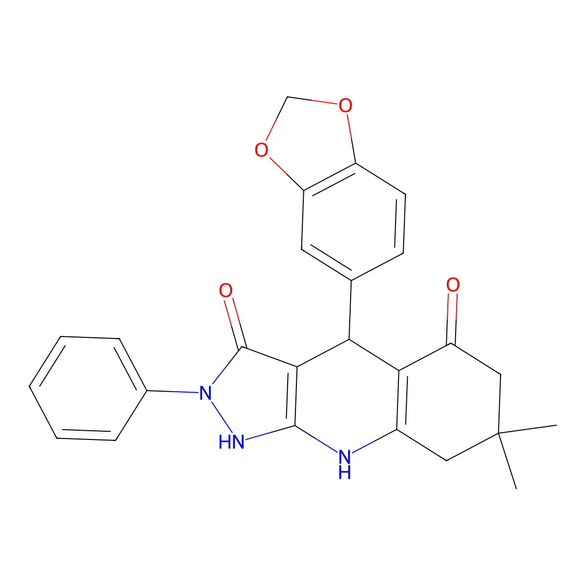 4-(1,3-benzodioxol-5-yl)-3-hydroxy-7,7-dimethyl-2-phenyl-2,4,6,7,8,9-hexahydro-5H-pyrazolo[3,4-b]quinolin-5-one molecular structure, CAS 669725-61-5
