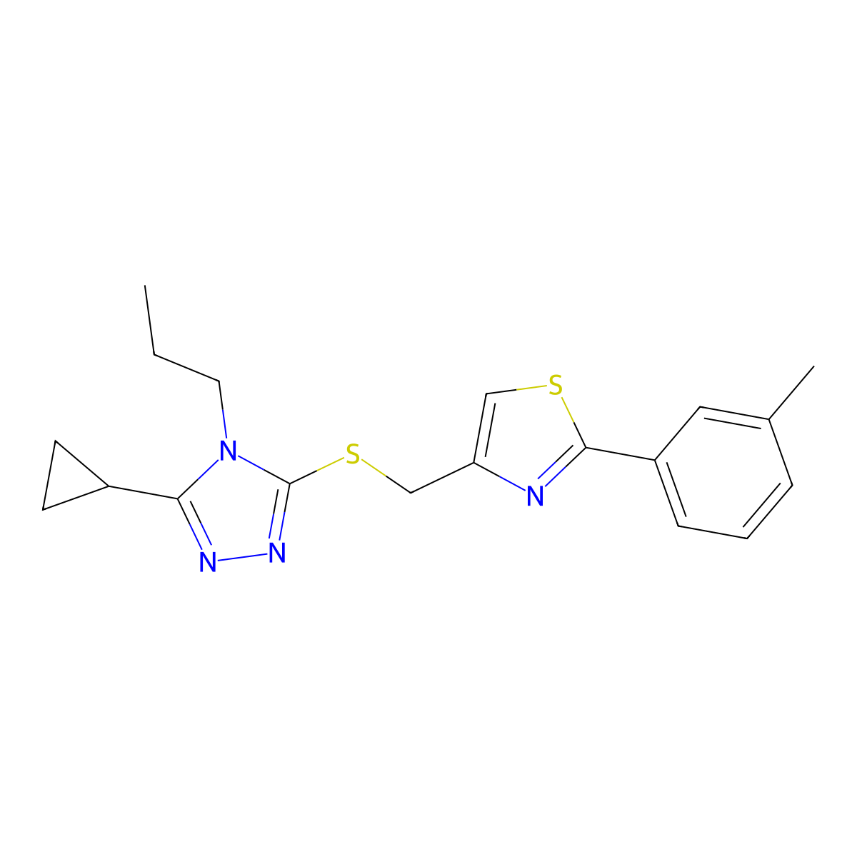 3-cyclopropyl-5-({[2-(3-methylphenyl)-1,3-thiazol-4-yl]methyl}sulfanyl)-4-propyl-4H-1,2,4-triazole molecular structure, CAS 669725-82-0