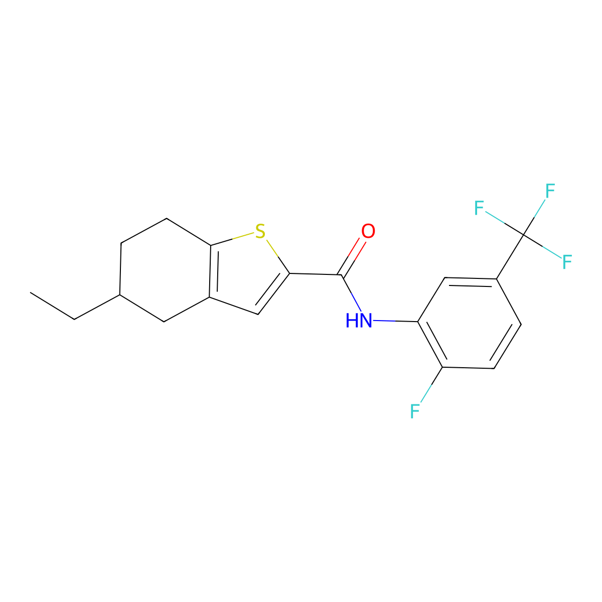 5-ethyl-N-[2-fluoro-5-(trifluoromethyl)phenyl]-4,5,6,7-tetrahydro-1-benzothiophene-2-carboxamide molecular structure, CAS 669726-32-3
