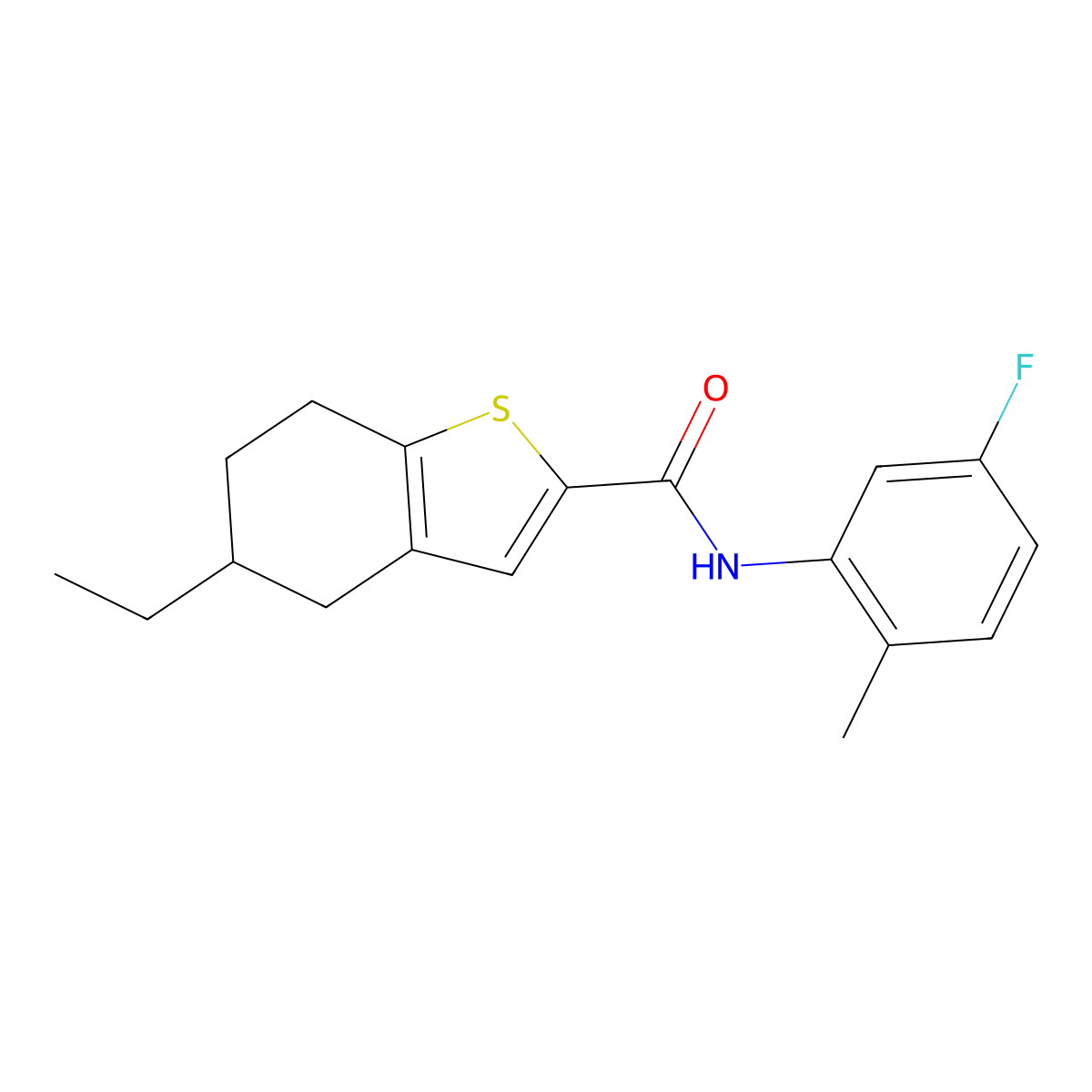 5-ethyl-N-(5-fluoro-2-methylphenyl)-4,5,6,7-tetrahydro-1-benzothiophene-2-carboxamide molecular structure, CAS 669726-36-7