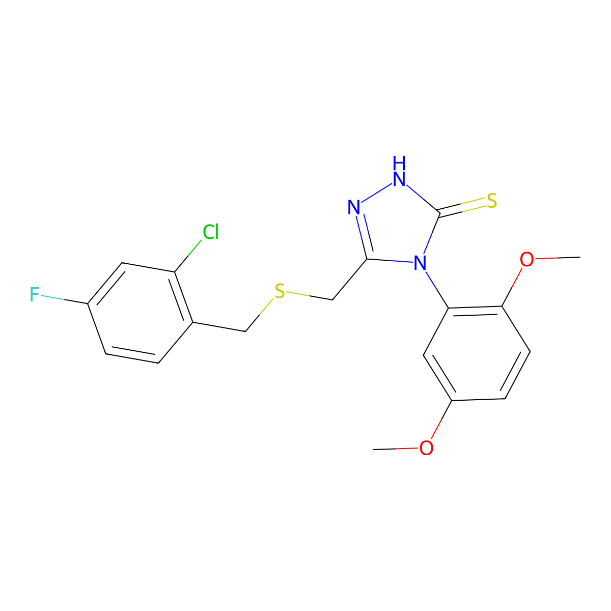 5-{[(2-chloro-4-fluorobenzyl)sulfanyl]methyl}-4-(2,5-dimethoxyphenyl)-4H-1,2,4-triazole-3-thiol molecular structure, CAS 669726-97-0