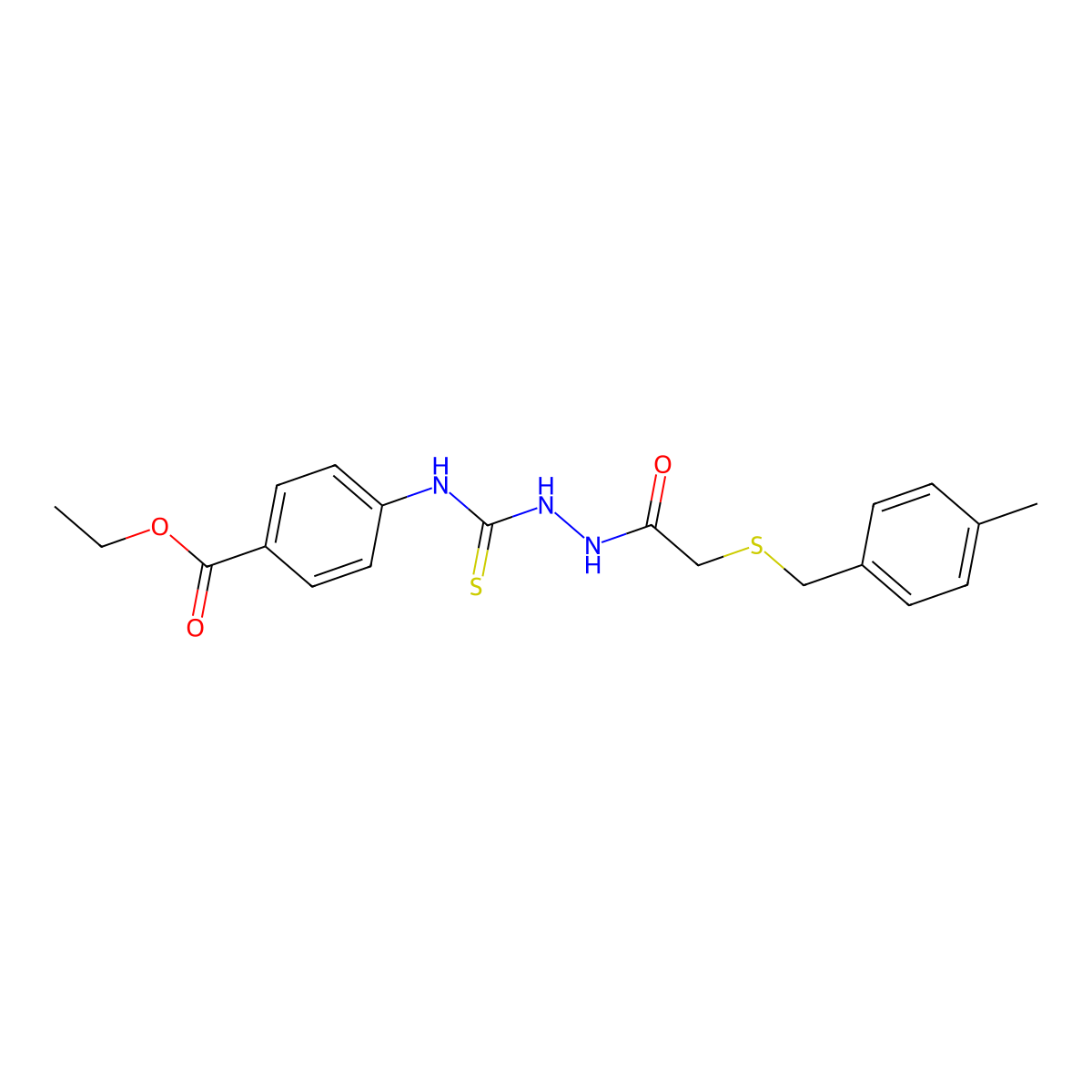 Ethyl 4-{[(2-{[(4-methylbenzyl)sulfanyl]acetyl}hydrazinyl)carbonothioyl]amino}benzoate molecular structure, CAS 669727-67-7
