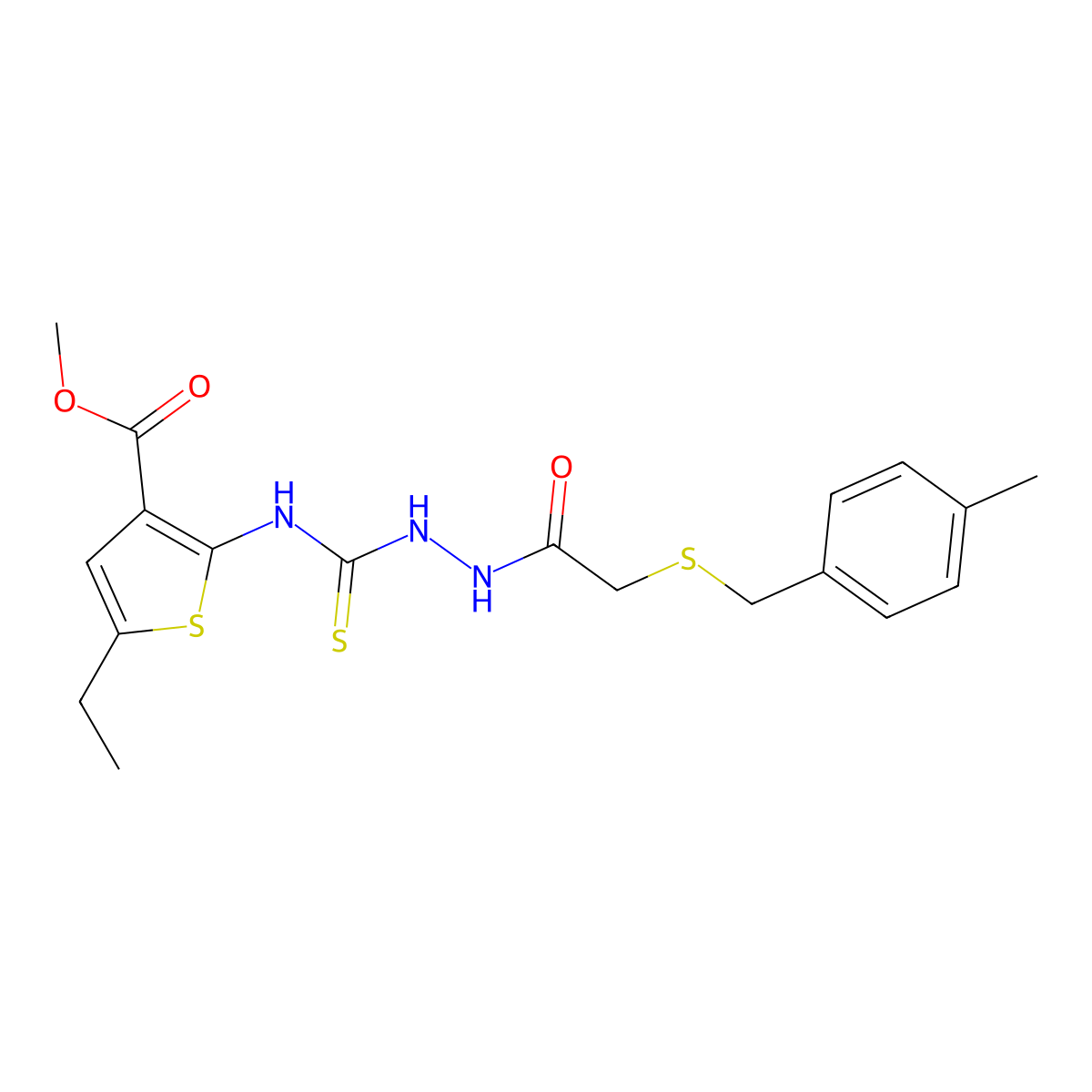 Methyl 5-ethyl-2-{[(2-{[(4-methylbenzyl)sulfanyl]acetyl}hydrazinyl)carbonothioyl]amino}thiophene-3-carboxylate molecular structure, CAS 669728-09-0