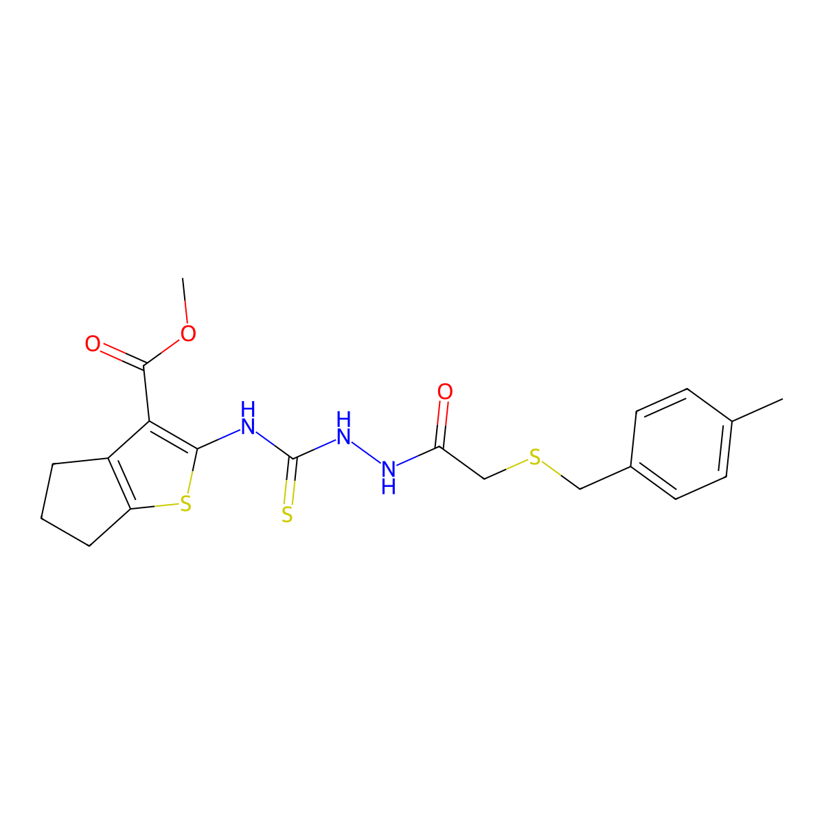 methyl 2-{[(2-{[(4-methylbenzyl)sulfanyl]acetyl}hydrazinyl)carbonothioyl]amino}-5,6-dihydro-4H-cyclopenta[b]thiophene-3-carboxylate molecular structure, CAS 669728-10-3