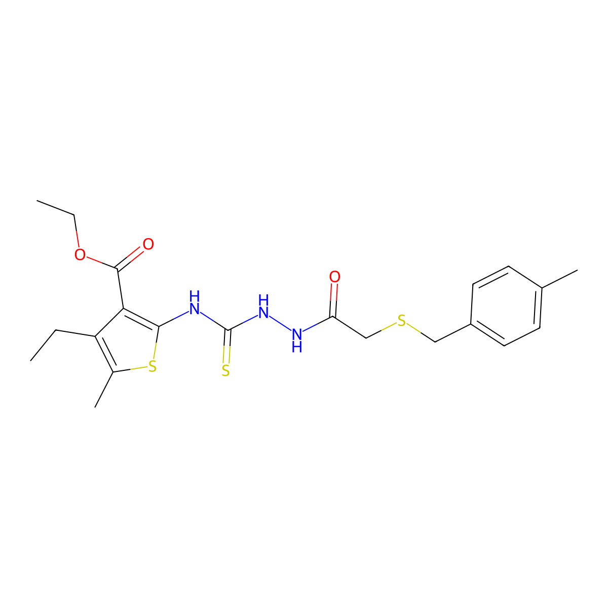 Ethyl 4-ethyl-5-methyl-2-{[(2-{[(4-methylbenzyl)sulfanyl]acetyl}hydrazinyl)carbonothioyl]amino}thiophene-3-carboxylate molecular structure, CAS 669728-13-6