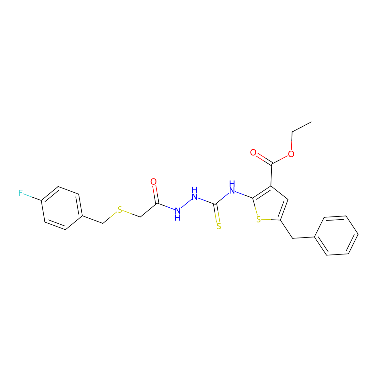 Ethyl 5-benzyl-2-{[(2-{[(4-fluorobenzyl)sulfanyl]acetyl}hydrazinyl)carbonothioyl]amino}thiophene-3-carboxylate molecular structure, CAS 669728-23-8