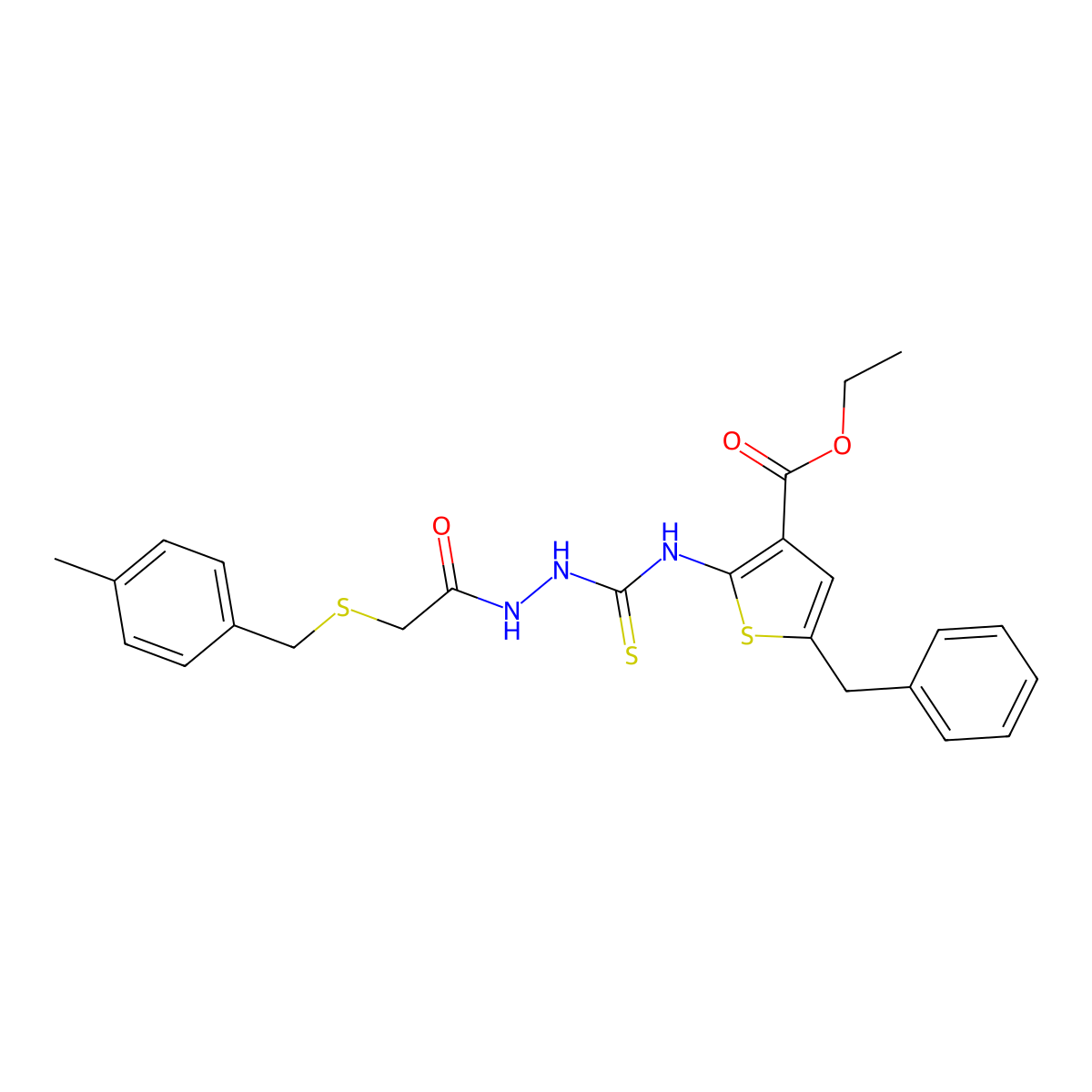 Ethyl 5-benzyl-2-{[(2-{[(4-methylbenzyl)sulfanyl]acetyl}hydrazinyl)carbonothioyl]amino}thiophene-3-carboxylate molecular structure, CAS 669728-24-9