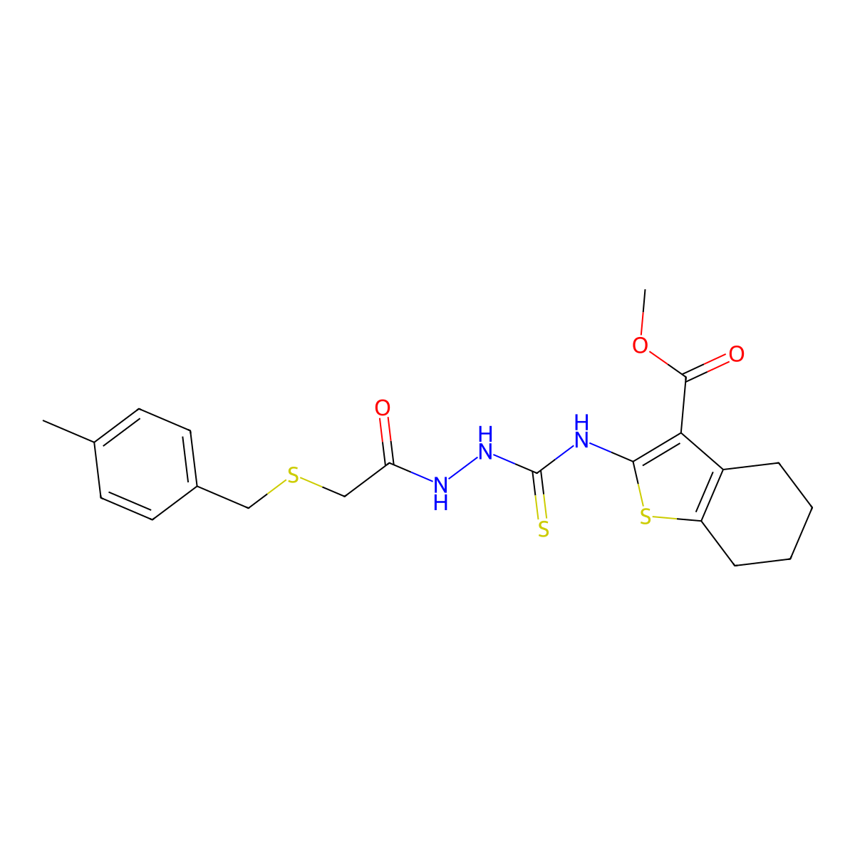 Methyl 2-{[(2-{[(4-methylbenzyl)sulfanyl]acetyl}hydrazinyl)carbonothioyl]amino}-4,5,6,7-tetrahydro-1-benzothiophene-3-carboxylate molecular structure, CAS 669728-26-1