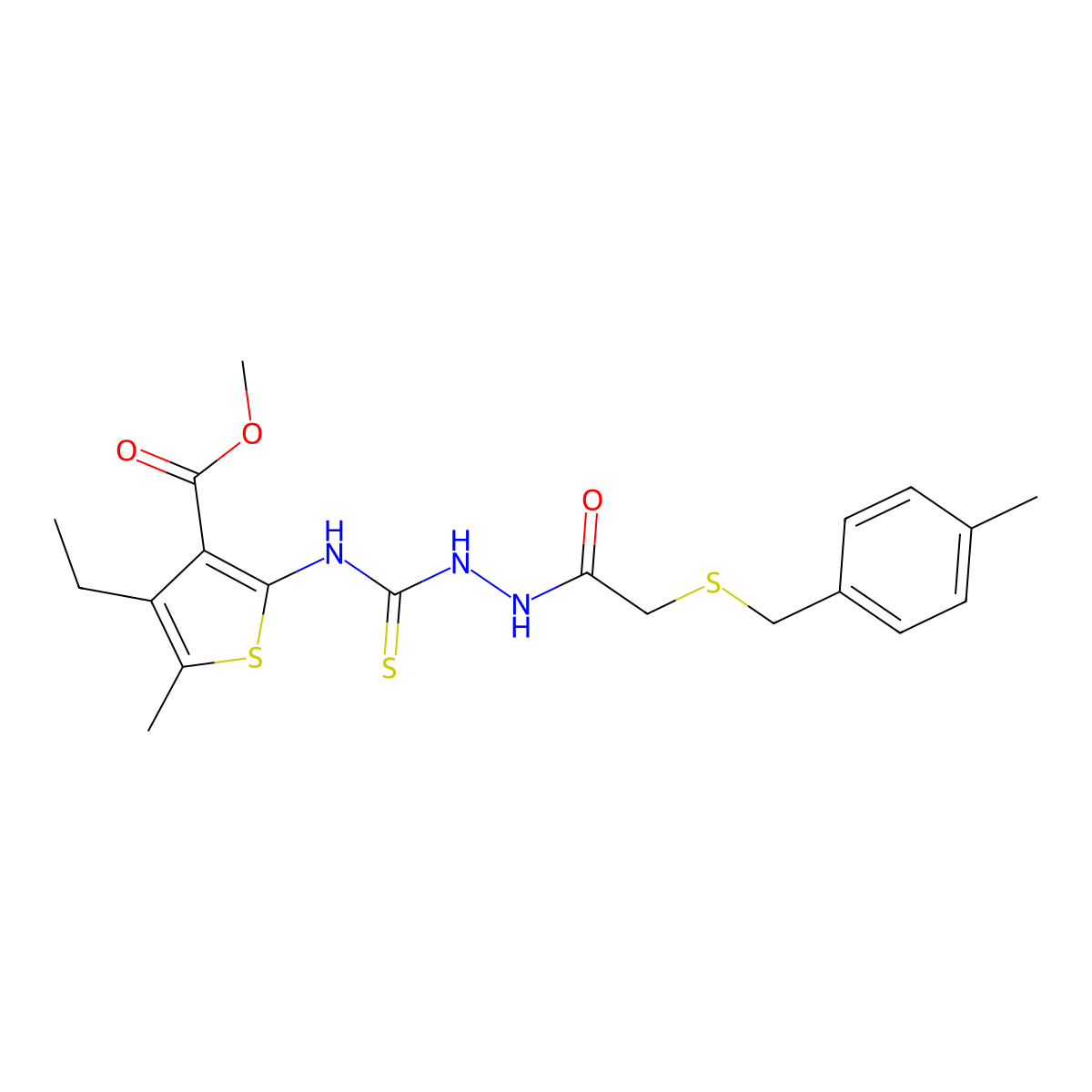Methyl 4-ethyl-5-methyl-2-{[(2-{[(4-methylbenzyl)sulfanyl]acetyl}hydrazinyl)carbonothioyl]amino}thiophene-3-carboxylate molecular structure, CAS 669728-27-2