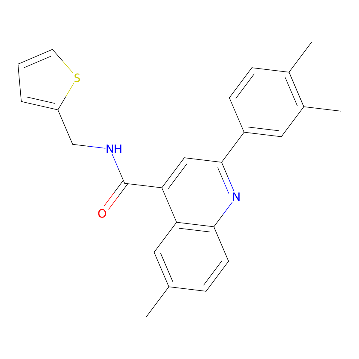 2-(3,4-dimethylphenyl)-6-methyl-N-(thiophen-2-ylmethyl)quinoline-4-carboxamide molecular structure, CAS 669728-70-5